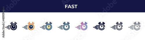 fast icon in 8 styles. line, filled, glyph, thin outline, colorful, stroke and gradient styles, fast vector sign. symbol, logo illustration. different style icons set.