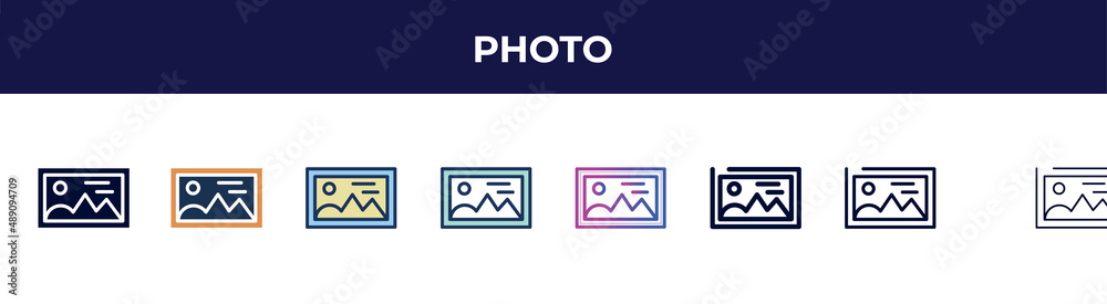 photo icon in 8 styles. line, filled, glyph, thin outline, colorful, stroke and gradient styles, photo vector sign. symbol, logo illustration. different style icons set. photo icon in 8 styles. line, filled, glyph, thin outline, colorful, stroke and gradient styles, photo vector sign. symbol, logo illustration. different style icons set.