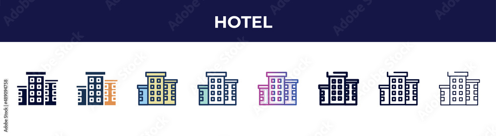 hotel icon in 8 styles. line, filled, glyph, thin outline, colorful, stroke and gradient styles, hotel vector sign. symbol, logo illustration. different style icons set.
