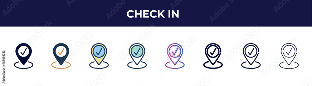 check in icon in 8 styles. line, filled, glyph, thin outline, colorful, stroke and gradient styles, check in vector sign. symbol, logo illustration. different style icons set. check in icon in 8 styles. line, filled, glyph, thin outline, colorful, stroke and gradient styles, check in vector sign. symbol, logo illustration. different style icons set.