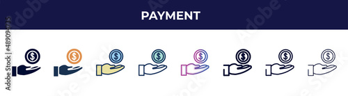 payment icon in 8 styles. line, filled, glyph, thin outline, colorful, stroke and gradient styles, payment vector sign. symbol, logo illustration. different style icons set.