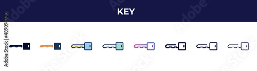 key icon in 8 styles. line, filled, glyph, thin outline, colorful, stroke and gradient styles, key vector sign. symbol, logo illustration. different style icons set.
