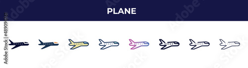 plane icon in 8 styles. line, filled, glyph, thin outline, colorful, stroke and gradient styles, plane vector sign. symbol, logo illustration. different style icons set.