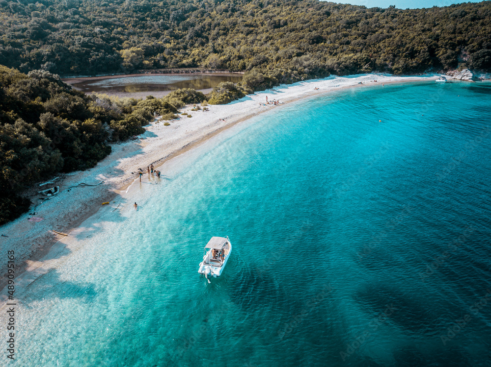 Aerial drone view of beutiful beach in corfu island, Greece