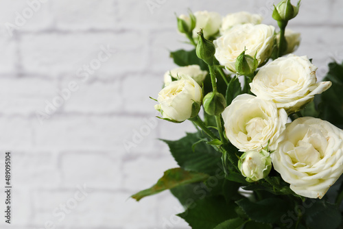 Bouquet of beautiful fresh roses near white brick wall  closeup