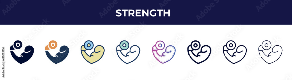 strength icon in 8 styles. line, filled, glyph, thin outline, colorful, stroke and gradient styles, strength vector sign. symbol, logo illustration. different style icons set. strength icon in 8 styles. line, filled, glyph, thin outline, colorful, stroke and gradient styles, strength vector sign. symbol, logo illustration. different style icons set.