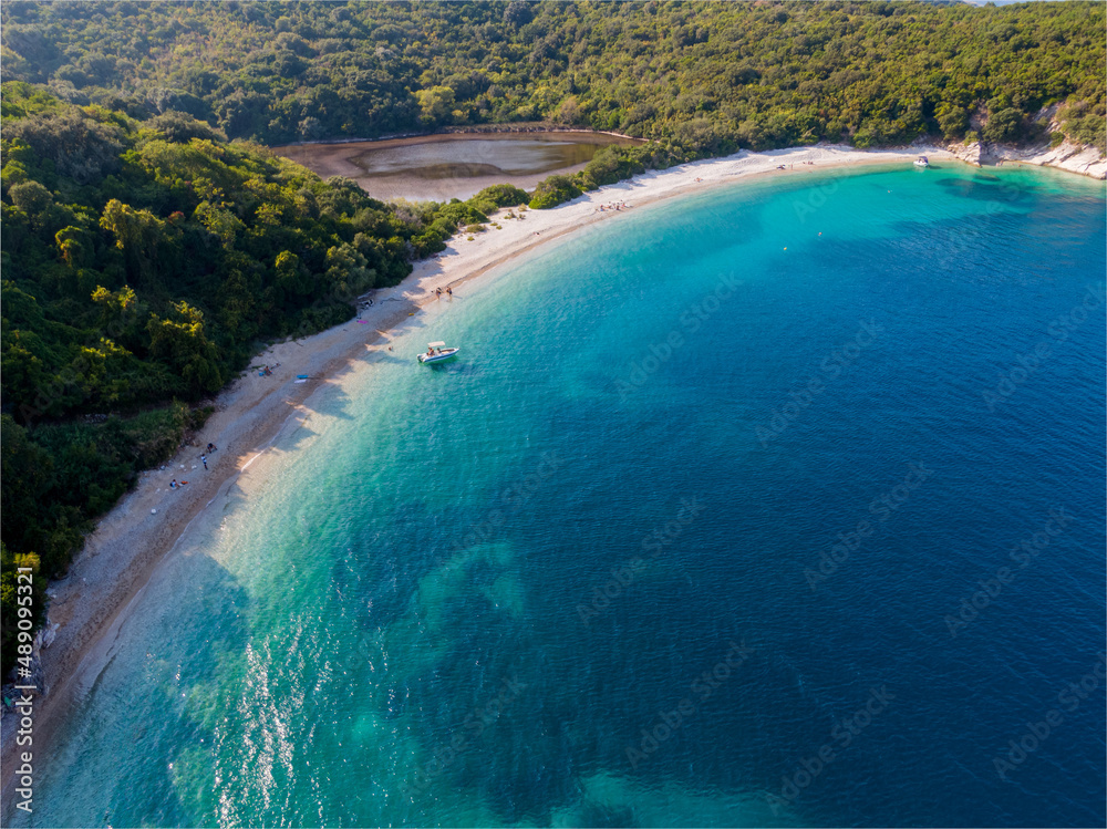 Aerial drone view of beutiful beach in corfu island, Greece