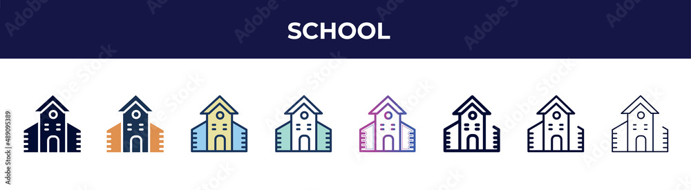 school icon in 8 styles. line, filled, glyph, thin outline, colorful, stroke and gradient styles, school vector sign. symbol, logo illustration. different style icons set.