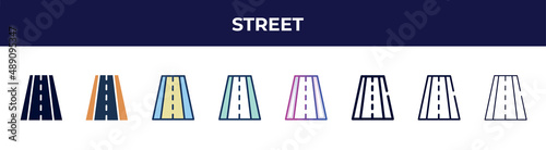 street icon in 8 styles. line, filled, glyph, thin outline, colorful, stroke and gradient styles, street vector sign. symbol, logo illustration. different style icons set.