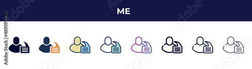 me icon in 8 styles. line, filled, glyph, thin outline, colorful, stroke and gradient styles, me vector sign. symbol, logo illustration. different style icons set.