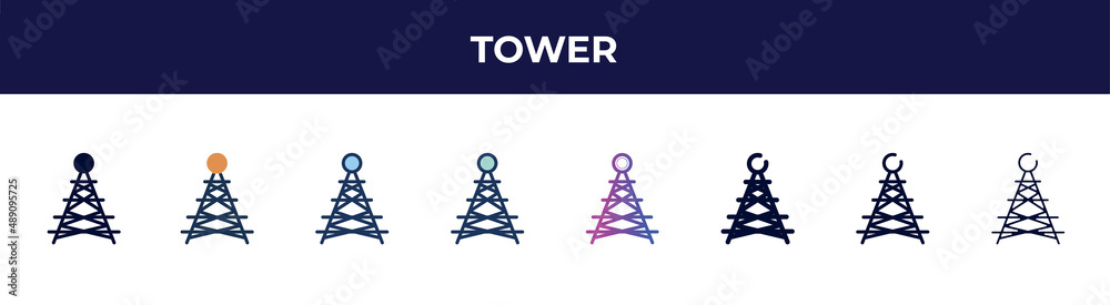 tower icon in 8 styles. line, filled, glyph, thin outline, colorful, stroke and gradient styles, tower vector sign. symbol, logo illustration. different style icons set. tower icon in 8 styles. line, filled, glyph, thin outline, colorful, stroke and gradient styles, tower vector sign. symbol, logo illustration. different style icons set.