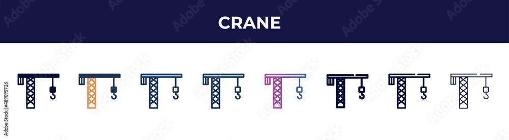 crane icon in 8 styles. line, filled, glyph, thin outline, colorful, stroke and gradient styles, crane vector sign. symbol, logo illustration. different style icons set. crane icon in 8 styles. line, filled, glyph, thin outline, colorful, stroke and gradient styles, crane vector sign. symbol, logo illustration. different style icons set.