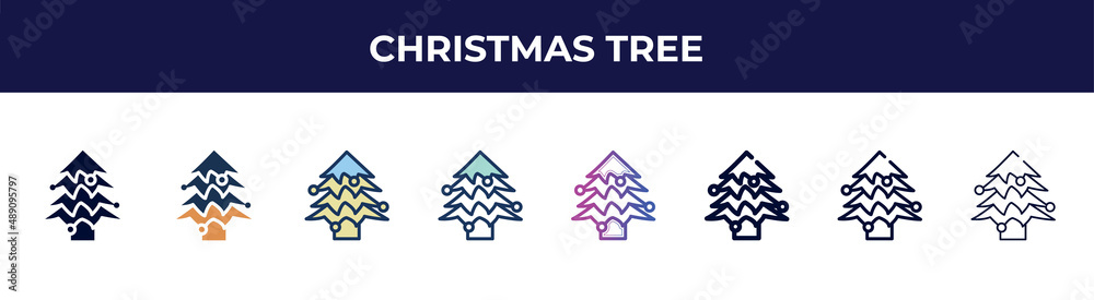 christmas tree icon in 8 styles. line, filled, glyph, thin outline, colorful, stroke and gradient styles, christmas tree vector sign. symbol, logo illustration. different style icons set. christmas tree icon in 8 styles. line, filled, glyph, thin outline, colorful, stroke and gradient styles, christmas tree vector sign. symbol, logo illustration. different style icons set.
