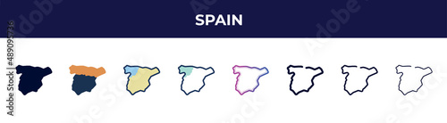 spain icon in 8 styles. line, filled, glyph, thin outline, colorful, stroke and gradient styles, spain vector sign. symbol, logo illustration. different style icons set.