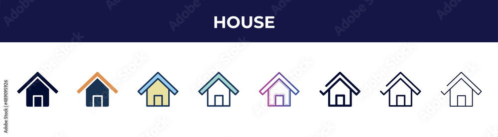 house icon in 8 styles. line, filled, glyph, thin outline, colorful, stroke and gradient styles, house vector sign. symbol, logo illustration. different style icons set.