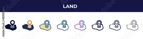 land icon in 8 styles. line, filled, glyph, thin outline, colorful, stroke and gradient styles, land vector sign. symbol, logo illustration. different style icons set.