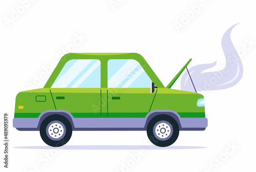 car with open hood. the engine is overheated and is emitting steam. flat vector illustration.
