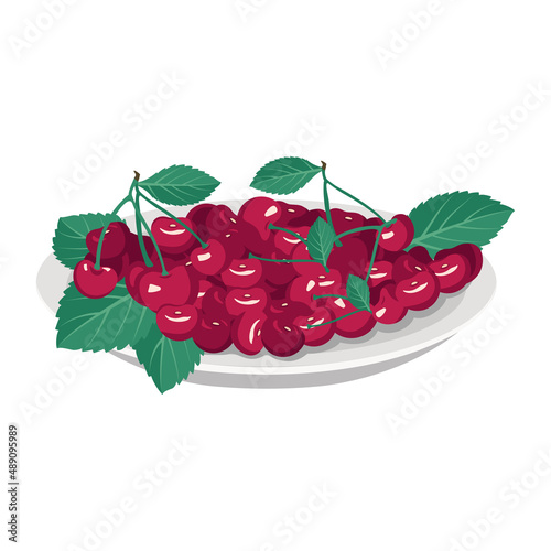 Cherry berry on plate. Sweet tasty food and snack. Natural product suitable for vegetarians. A source of vitamins and allergies. Vector flat illustration