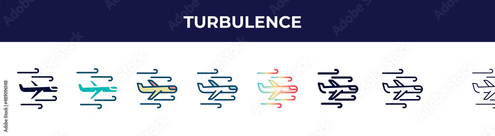 turbulence icon in 8 styles. line, filled, glyph, thin outline, colorful, stroke and gradient styles, turbulence vector sign. symbol, logo illustration. different style icons set.