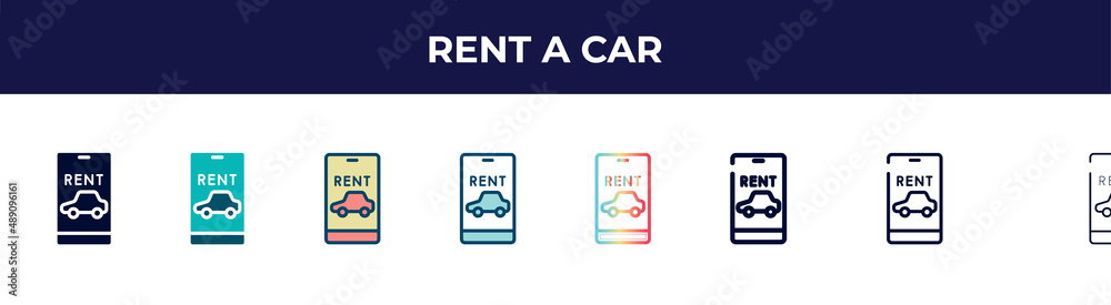 rent a car icon in 8 styles. line, filled, glyph, thin outline, colorful, stroke and gradient styles, rent a car vector sign. symbol, logo illustration. different style icons set. rent a car icon in 8 styles. line, filled, glyph, thin outline, colorful, stroke and gradient styles, rent a car vector sign. symbol, logo illustration. different style icons set.