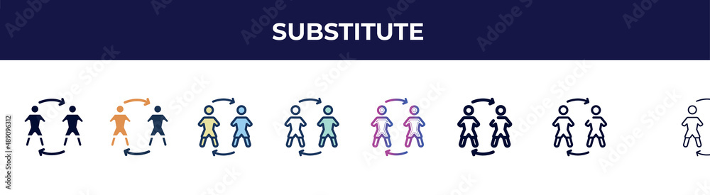 substitute icon in 8 styles. line, filled, glyph, thin outline, colorful, stroke and gradient styles, substitute vector sign. symbol, logo illustration. different style icons set. substitute icon in 8 styles. line, filled, glyph, thin outline, colorful, stroke and gradient styles, substitute vector sign. symbol, logo illustration. different style icons set.
