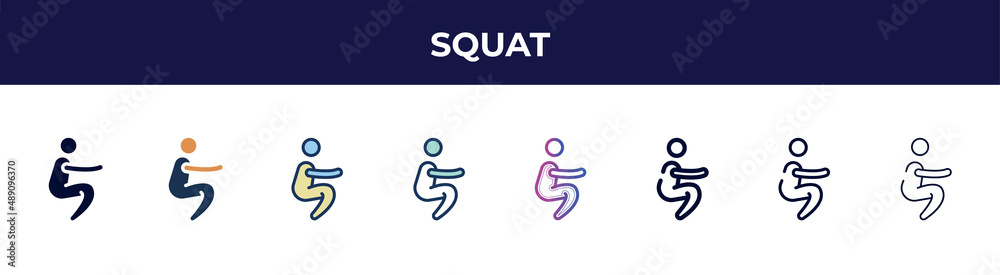 squat icon in 8 styles. line, filled, glyph, thin outline, colorful, stroke and gradient styles, squat vector sign. symbol, logo illustration. different style icons set. squat icon in 8 styles. line, filled, glyph, thin outline, colorful, stroke and gradient styles, squat vector sign. symbol, logo illustration. different style icons set.