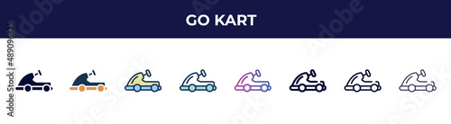 go kart icon in 8 styles. line, filled, glyph, thin outline, colorful, stroke and gradient styles, go kart vector sign. symbol, logo illustration. different style icons set.