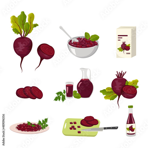 Beetroot and beet products icons set. Whole vegetable and halves with leaves, juice in bottle, jug and glass, grated food on plate and pieces in bowl. Sweet food for diet. Vector flat illustration
