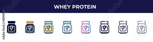 whey protein icon in 8 styles. line, filled, glyph, thin outline, colorful, stroke and gradient styles, whey protein vector sign. symbol, logo illustration. different style icons set.