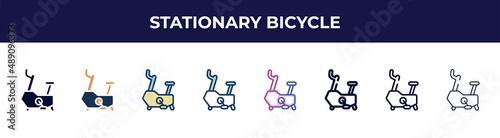 stationary bicycle icon in 8 styles. line, filled, glyph, thin outline, colorful, stroke and gradient styles, stationary bicycle vector sign. symbol, logo illustration. different style icons set.