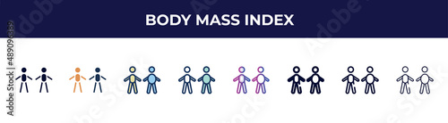 body mass index icon in 8 styles. line  filled  glyph  thin outline  colorful  stroke and gradient styles  body mass index vector sign. symbol  logo illustration. different style icons set.
