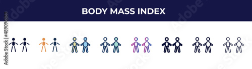 body mass index icon in 8 styles. line, filled, glyph, thin outline, colorful, stroke and gradient styles, body mass index vector sign. symbol, logo illustration. different style icons set.