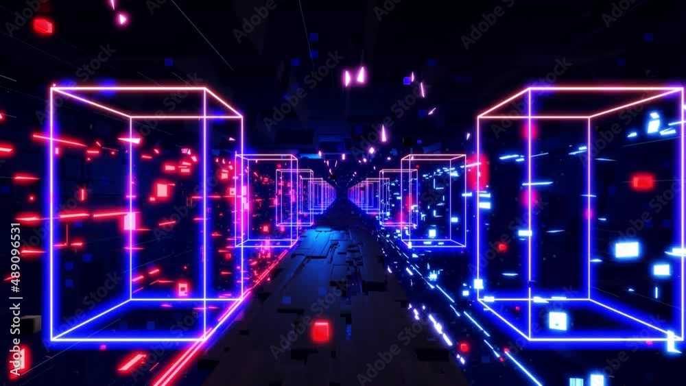 Sci-fi motion graphic bg. Flying into digital technological tunnel with neon light. Concept of hi-tech information flow, blockchain or 3d big data digital tunnel. 3d looped abstract bg motion design
