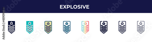 explosive icon in 8 styles. line, filled, glyph, thin outline, colorful, stroke and gradient styles, explosive vector sign. symbol, logo illustration. different style icons set.