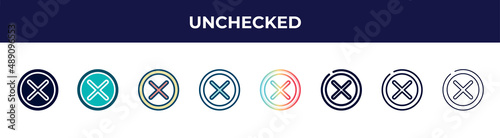 unchecked icon in 8 styles. line, filled, glyph, thin outline, colorful, stroke and gradient styles, unchecked vector sign. symbol, logo illustration. different style icons set.