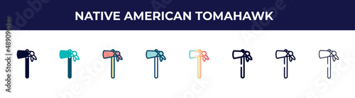 native american tomahawk icon in 8 styles. line, filled, glyph, thin outline, colorful, stroke and gradient styles, native american tomahawk vector sign. symbol, logo illustration. different style