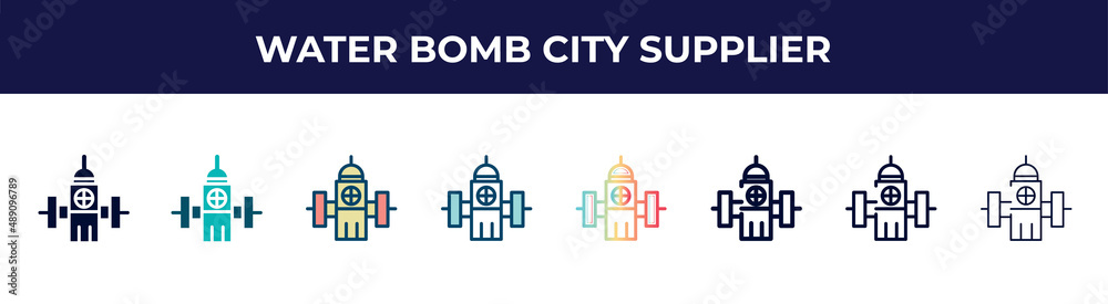 water bomb city supplier icon in 8 styles. line, filled, glyph, thin outline, colorful, stroke and gradient styles, water bomb city supplier vector sign. symbol, logo illustration. different style