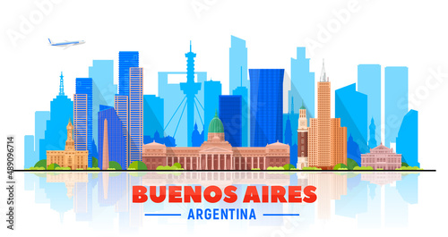 Buenos Aires ( Argentina ) skyline with panorama in white background. Vector Illustration. Business travel and tourism concept with modern buildings. Image for presentation, banner, website.