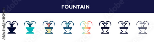 fountain icon in 8 styles. line, filled, glyph, thin outline, colorful, stroke and gradient styles, fountain vector sign. symbol, logo illustration. different style icons set.