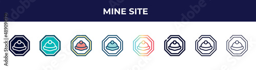 mine site icon in 8 styles. line, filled, glyph, thin outline, colorful, stroke and gradient styles, mine site vector sign. symbol, logo illustration. different style icons set.