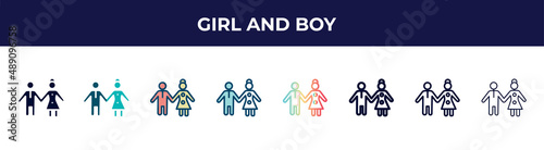 girl and boy icon in 8 styles. line, filled, glyph, thin outline, colorful, stroke and gradient styles, girl and boy vector sign. symbol, logo illustration. different style icons set.