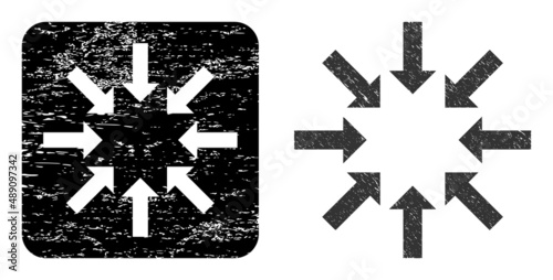 Vector collapse arrows subtracted pictogram. Grunge collapse arrows seal stamp, done with icon and rounded square. Rounded square seal have collapse arrows subtracted shape inside.