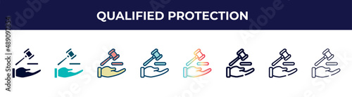 qualified protection icon in 8 styles. line, filled, glyph, thin outline, colorful, stroke and gradient styles, qualified protection vector sign. symbol, logo illustration. different style icons