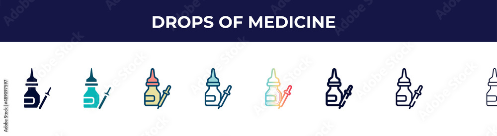 Fototapeta premium drops of medicine icon in 8 styles. line, filled, glyph, thin outline, colorful, stroke and gradient styles, drops of medicine vector sign. symbol, logo illustration. different style icons set.