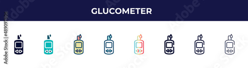 glucometer icon in 8 styles. line, filled, glyph, thin outline, colorful, stroke and gradient styles, glucometer vector sign. symbol, logo illustration. different style icons set.