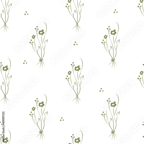 Vector green illustration. Floral seamless pattern. Bouquet of wild flowers. Hand drawn flower field. simple flowers. Blooming heads of wild flowers. Outline drawing.