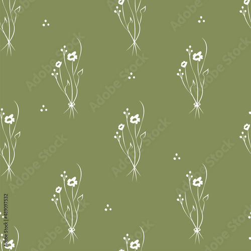 Vector green illustration. Floral seamless pattern. Bouquet of wild flowers. Hand drawn flower field. simple flowers. Blooming heads of wild flowers. Outline drawing.