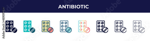antibiotic icon in 8 styles. line, filled, glyph, thin outline, colorful, stroke and gradient styles, antibiotic vector sign. symbol, logo illustration. different style icons set.