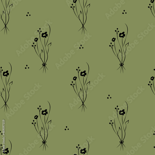 Vector green illustration. Floral seamless pattern. Bouquet of wild flowers. Hand drawn flower field. simple flowers. Blooming heads of wild flowers. Outline drawing.