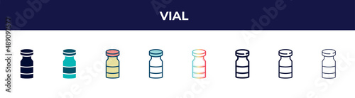 vial icon in 8 styles. line, filled, glyph, thin outline, colorful, stroke and gradient styles, vial vector sign. symbol, logo illustration. different style icons set.